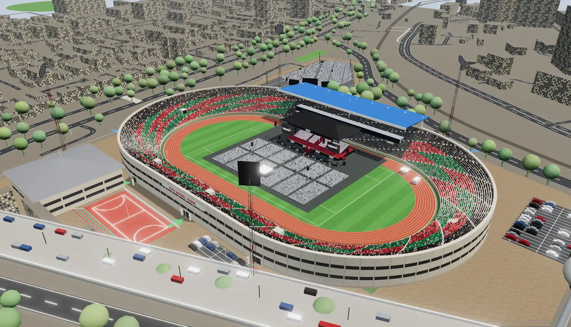 Nyayo National Stadium from the air by day, with the concert stage on the pitch and the streets around it