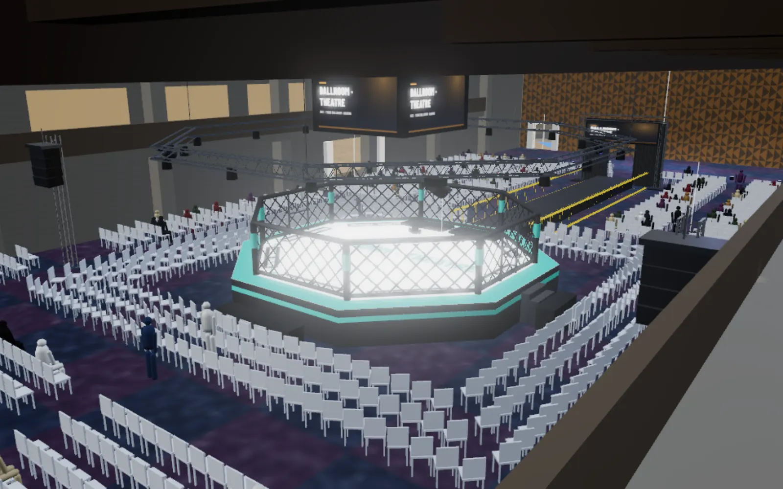 An MMA octagon with seating round it, house lights up