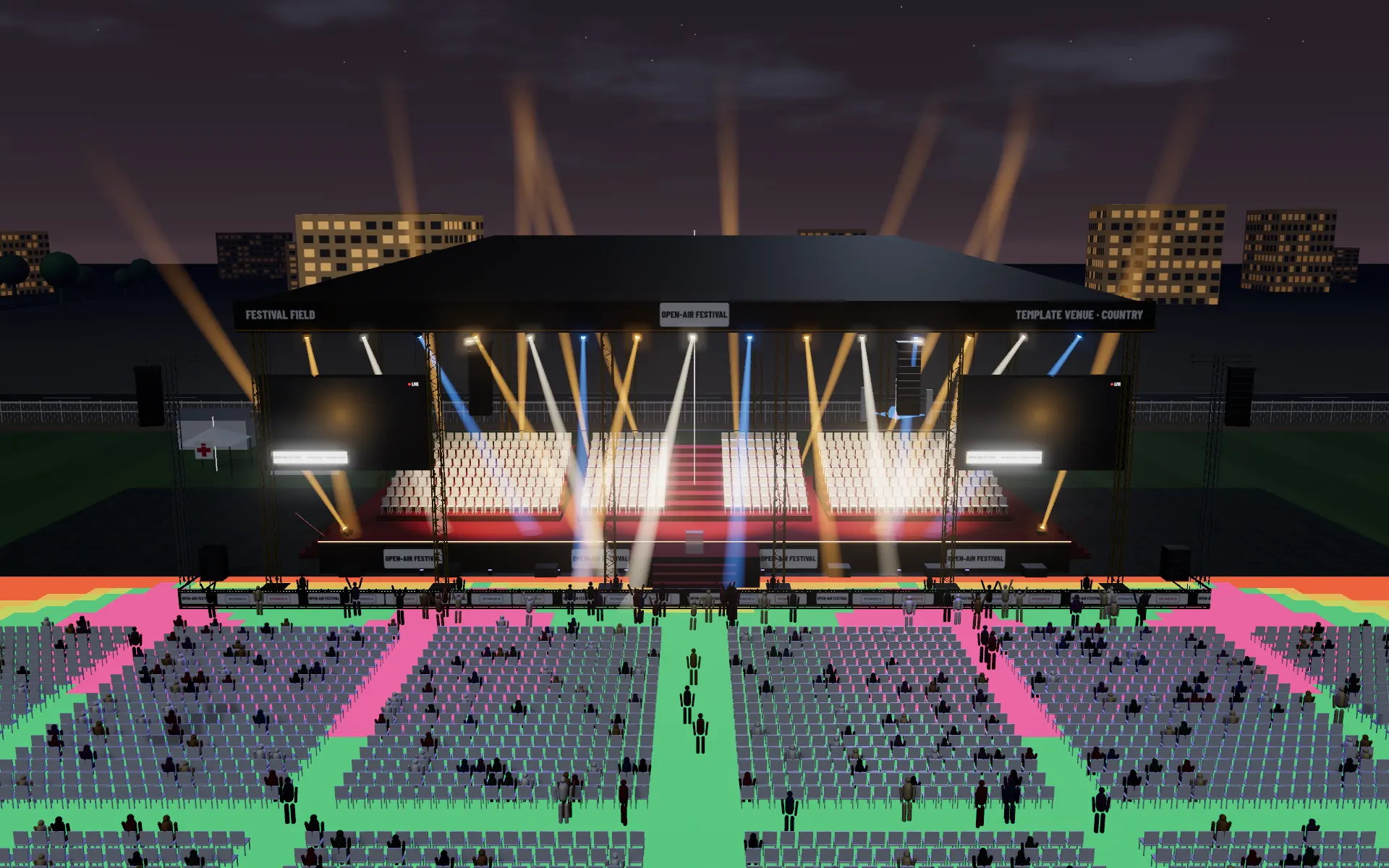 Sound coverage painted over the audience in front of a stage