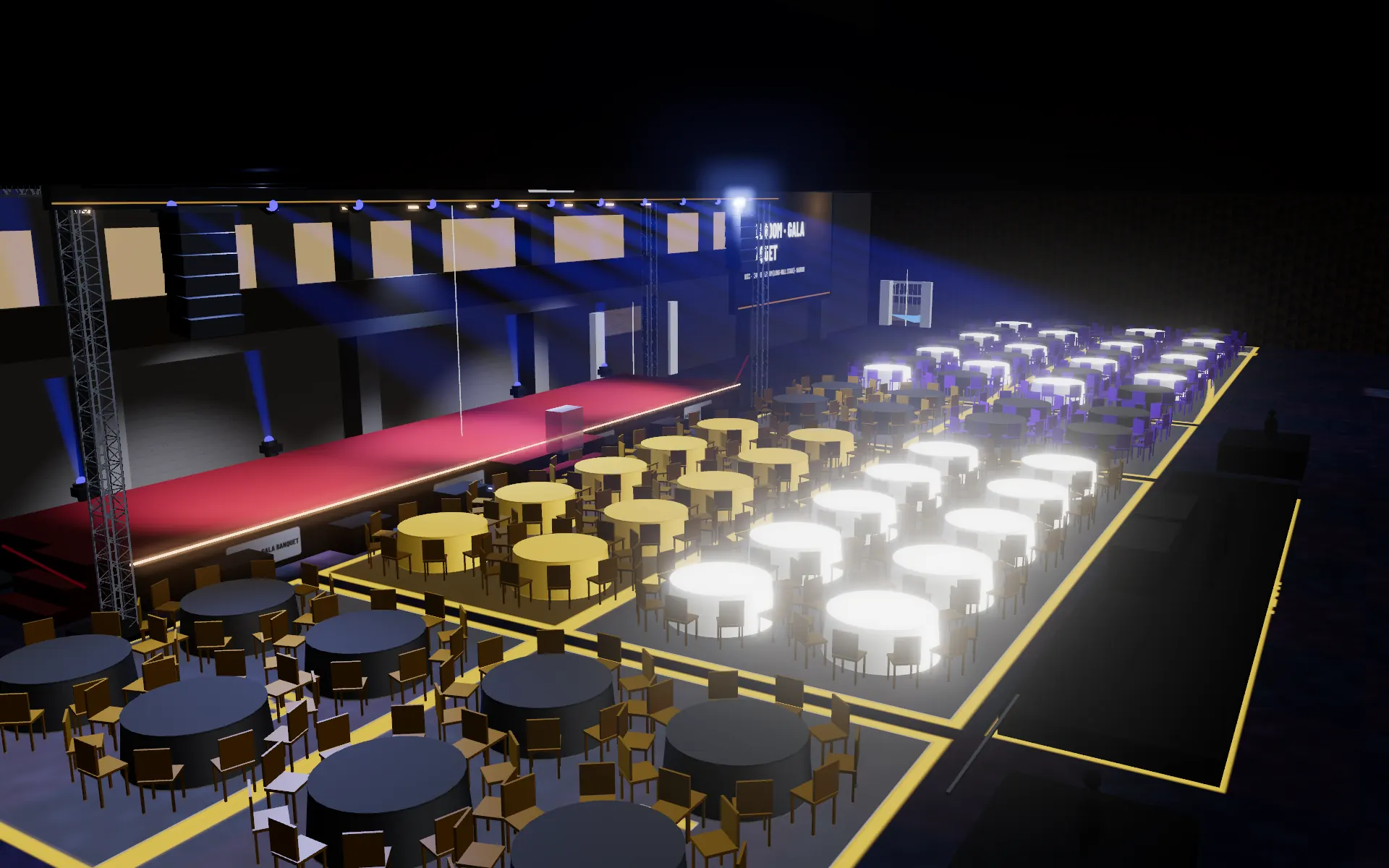 A gala banquet seat map in 3D: tables coloured by price tier around the stage