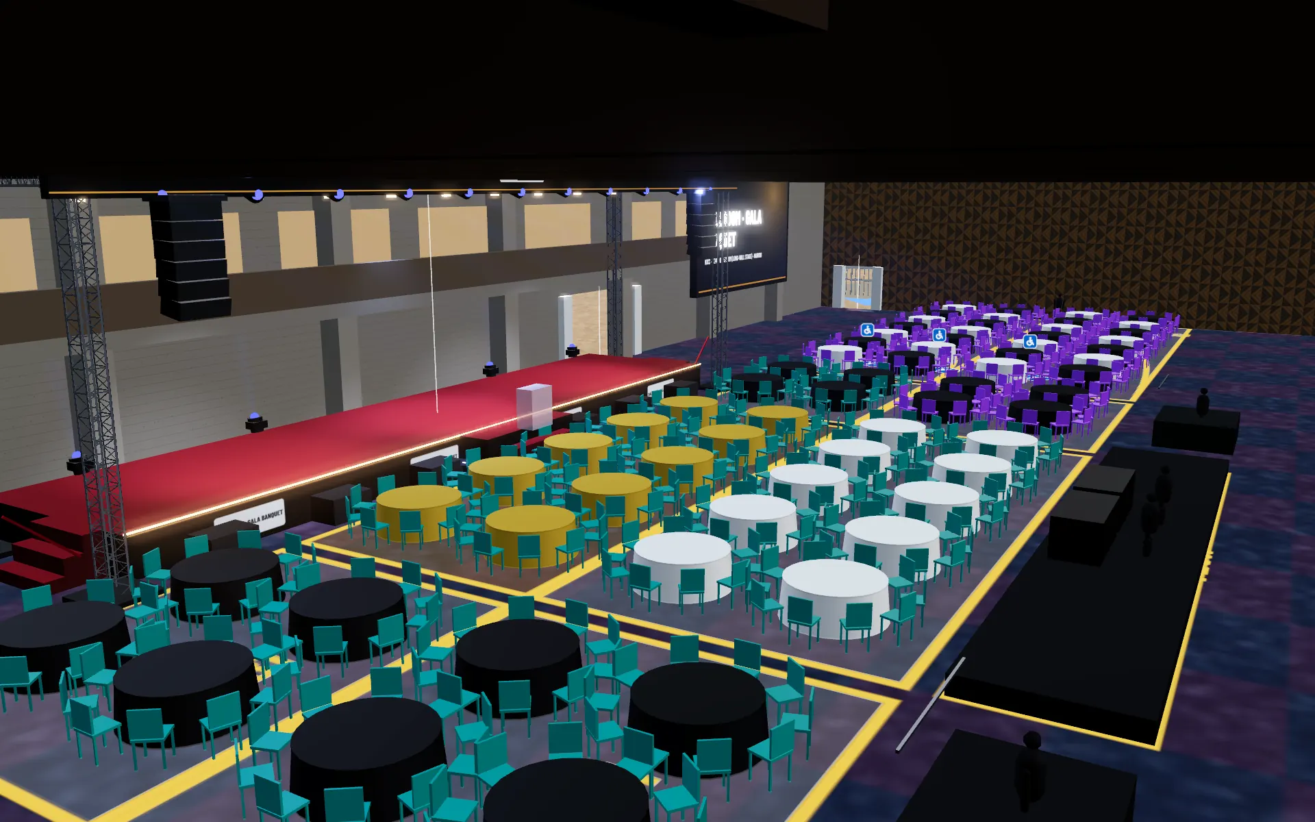 Banquet tables coloured by ticket tier, in daylight