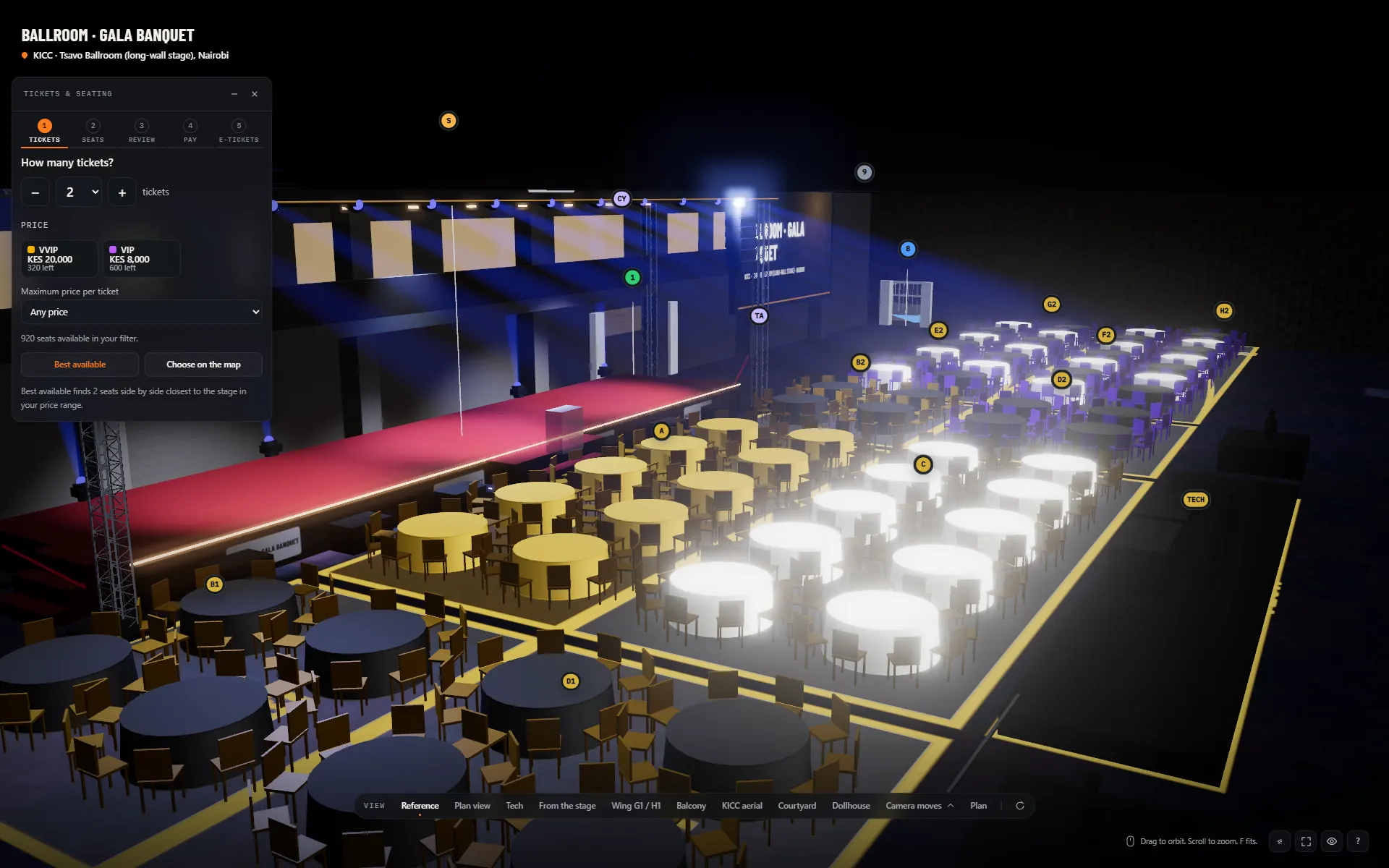 Banquet tables coloured by ticket tier