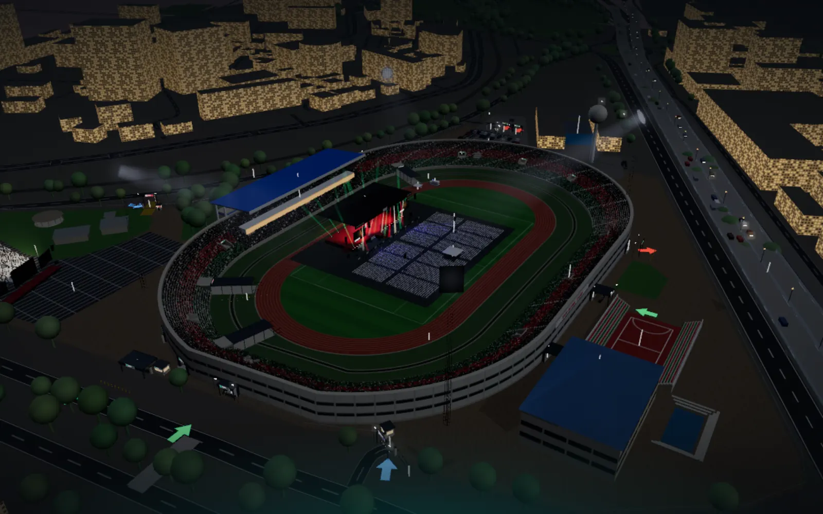 Nyayo National Stadium from the air at night, the concert stage on the pitch