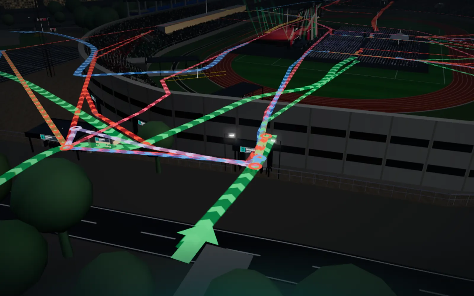 The entry routes glowing on the plan from Gate 3 into the stadium