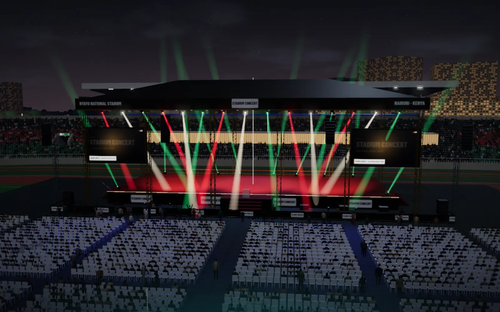 The roofed concert stage with its screens and lighting, seen from the pitch